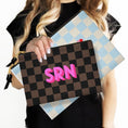 Load image into Gallery viewer, Custom Accessory Zip Bag, Pouch, Clutch, Makeup Bag, Travel, Tech, Large Monogram, Personalized, Name, Initial, Brown, Cream, Blue, Checkers