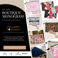 Load image into Gallery viewer, The image is an advertisement for a boutique monogram gift station, featuring various monogrammed bags and purses in different colors and patterns.