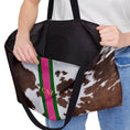 Load image into Gallery viewer, Custom Tote Bag, Large Travel Bag, Overnight, Monogram, Personalized, Letter, Initial, Brown Printed Cowhide Pattern, Stripe, Red, Pink,Blue