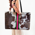Load image into Gallery viewer, Custom Tote Bag, Large Travel Bag, Overnight, Monogram, Personalized, Letter, Initial, Brown Printed Cowhide Pattern, Stripe, Red, Pink,Blue