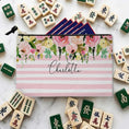 Load image into Gallery viewer, Custom Mahjong Tile Zip Bag, Card Pouch, Game Bag, Preppy, Monogram, Personalized, Letter, Initial, Light Pink Stripes, Watercolor Flowers