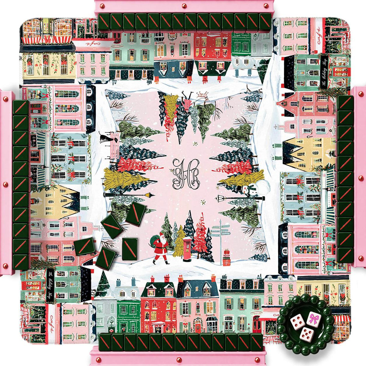 Custom Mahjong Mat, 31.5", Neoprene, Personalized,Monogram, Initial, Winter, Holiday, Christmas, City Scene,Pink Houses, Illustration Preppy