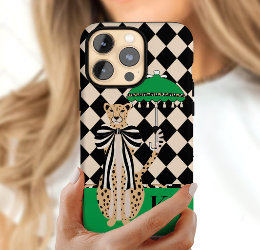 Personalized Large Initial Phone Case, Leopard Umbrella