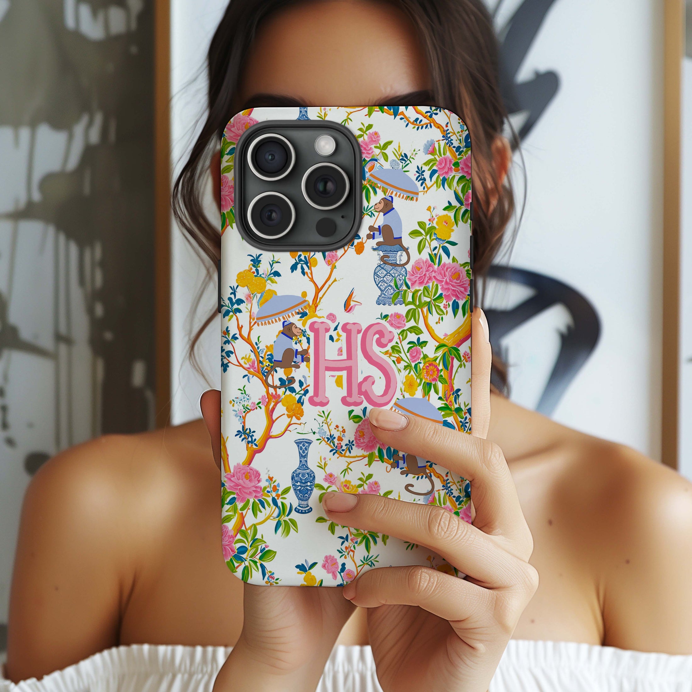 Personalized Large Initial Phone Case, Chinoiserie Preppy