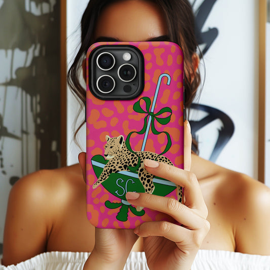 Personalized Large Initial Phone Case, Leopard Umbrella