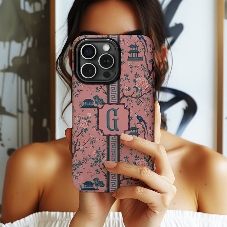 Personalized Large Initial Phone Case, Chinoiserie Preppy