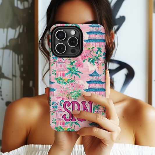 Personalized Large Initial Phone Case, Chinoiserie Preppy