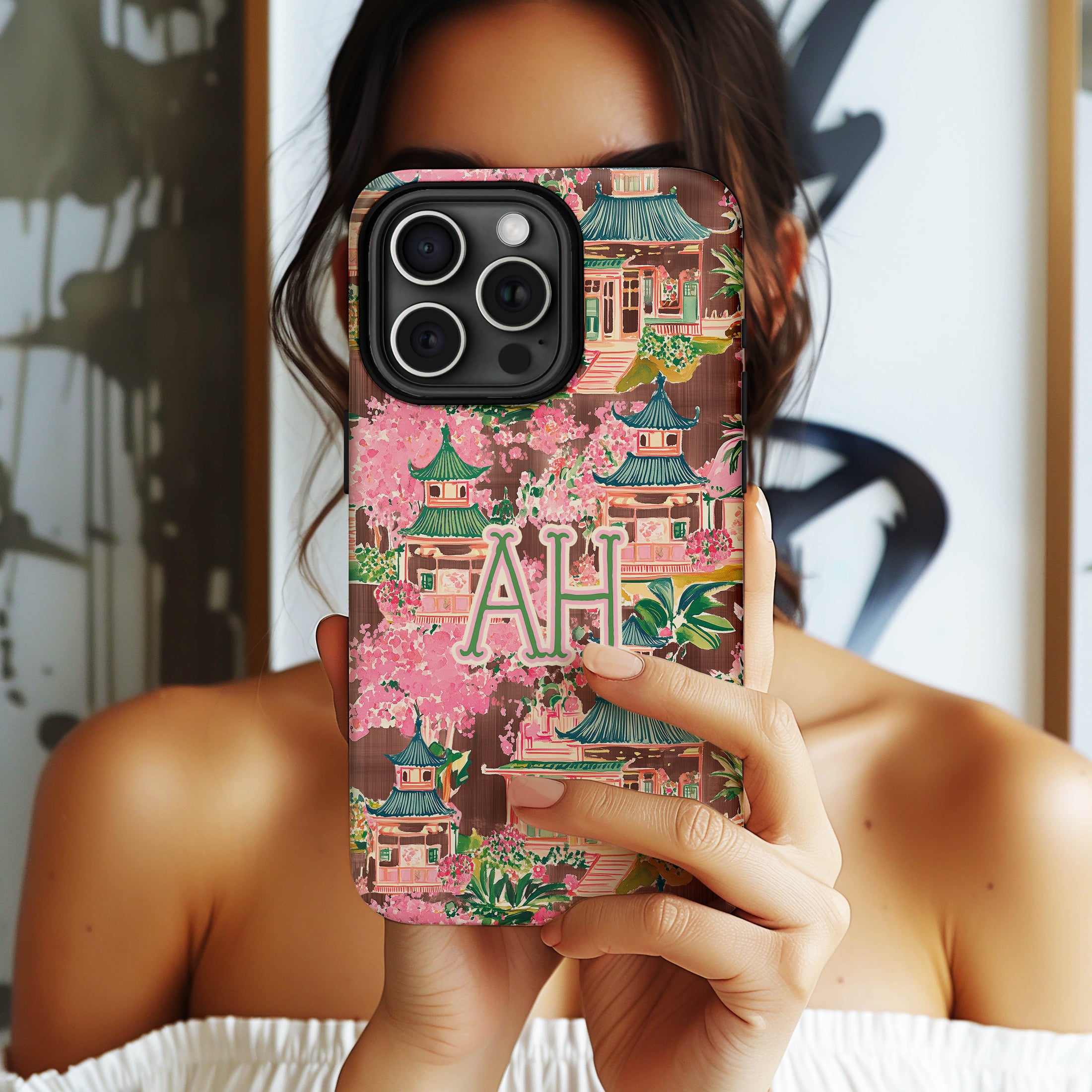 Personalized Large Initial Phone Case, Chinoiserie Preppy