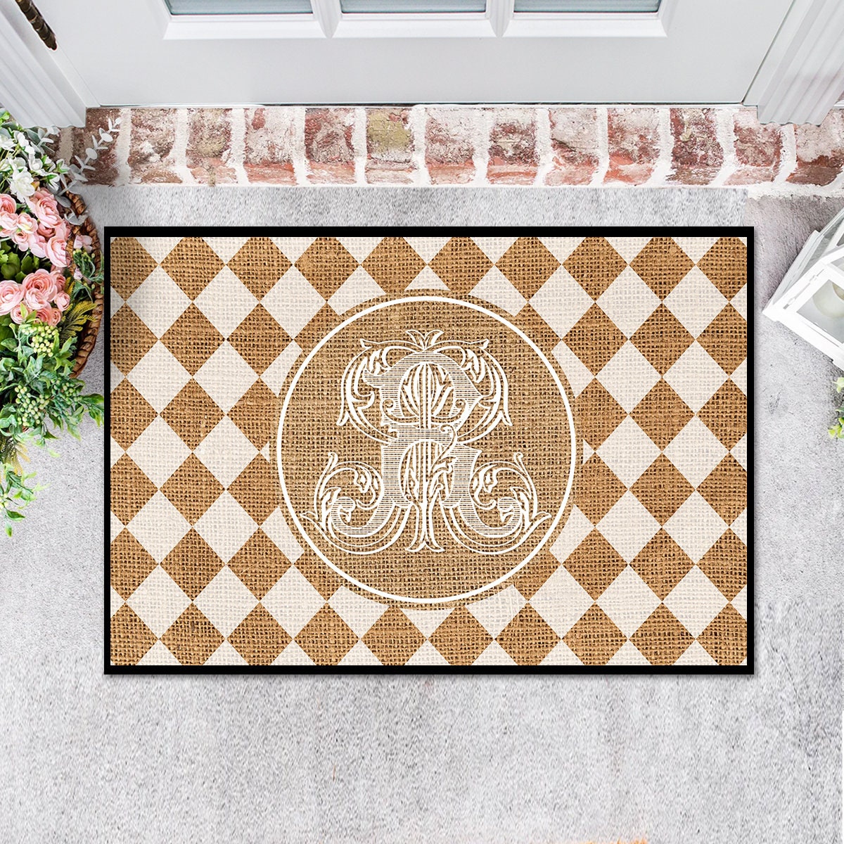 Door Mat, Personalized Mat, Outdoor Indoor Mat, Floor Entry Mat, Large Doormat, Printed Burlap, Monogram Initial, Diamond, Checker, Preppy