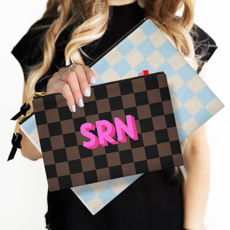 Custom Accessory Zip Bag, Pouch, Clutch, Makeup Bag, Travel, Tech, Large Monogram, Personalized, Name, Initial, Brown, Cream, Blue, Checkers