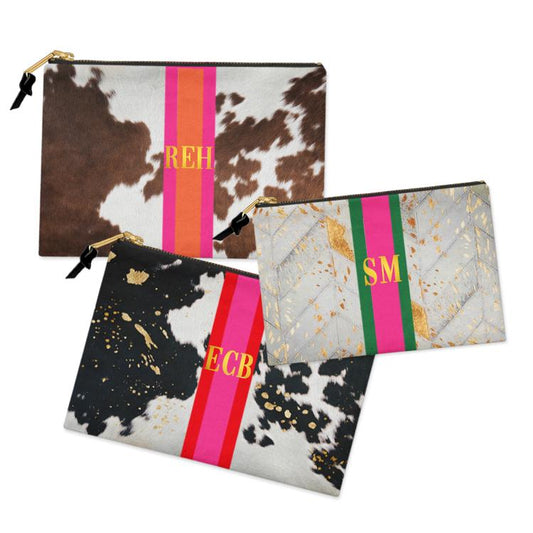 Custom Accessory Zip Bag, Pouch, Clutch, Makeup, Travel, Tech,Monogram, Personalized, Letter, Initial, Cow Hide, White, Black, Brown, Stripe