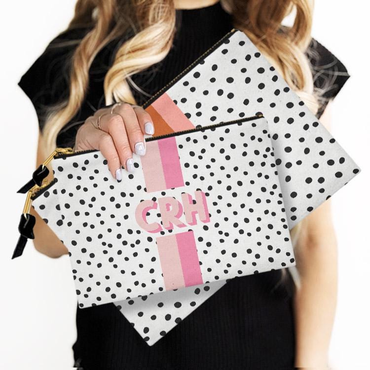 Custom Accessory Zip Bag, Pouch, Clutch, Makeup, Travel, Tech,Monogram, Personalized, Letter, Initial, Polka Dots, Dalmation Black, Stripe