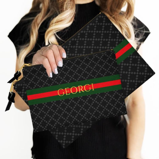 Custom Accessory Zip Bag, Pouch, Clutch, Makeup, Travel, Cosmetics, Tech, Monogram, Personalized, Letter, Initial, Black, Green, Red, Stripe