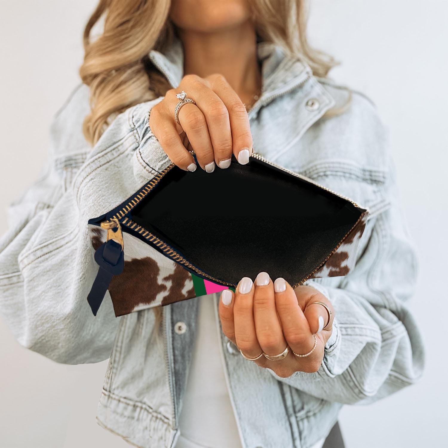 Custom Accessory Zip Bag, Pouch, Clutch, Makeup, Travel, Tech,Monogram, Personalized, Letter, Initial, Cow Hide, White, Black, Brown, Stripe