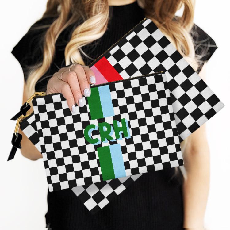 Custom Accessory Zip Bag, Pouch, Clutch, Makeup, Travel, Tech,Monogram, Personalized, Letter, Initial, Checker, Stripe