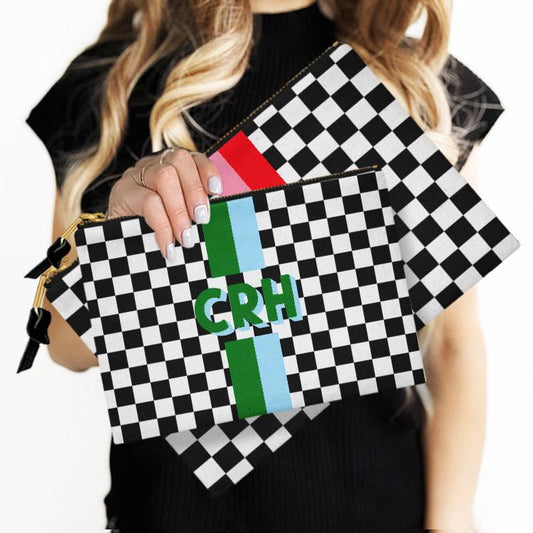 Custom Accessory Zip Bag, Pouch, Clutch, Makeup, Travel, Tech,Monogram, Personalized, Letter, Initial, Checker, Stripe
