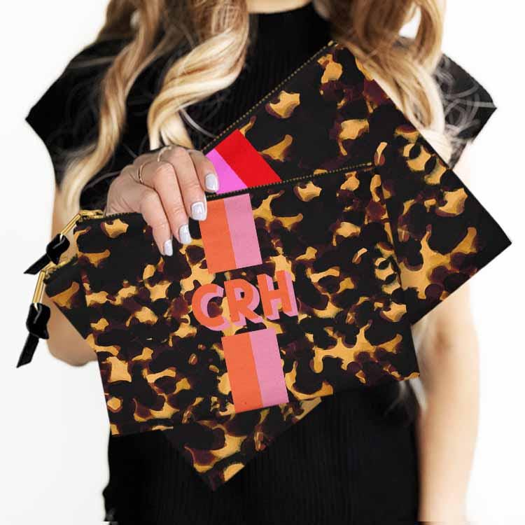 Custom Accessory Zip Bag, Pouch, Clutch, Makeup, Travel, Tech,Monogram, Personalized, Letter, Initial, Tortoise, Stripe