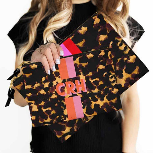 Custom Accessory Zip Bag, Pouch, Clutch, Makeup, Travel, Tech,Monogram, Personalized, Letter, Initial, Tortoise, Stripe