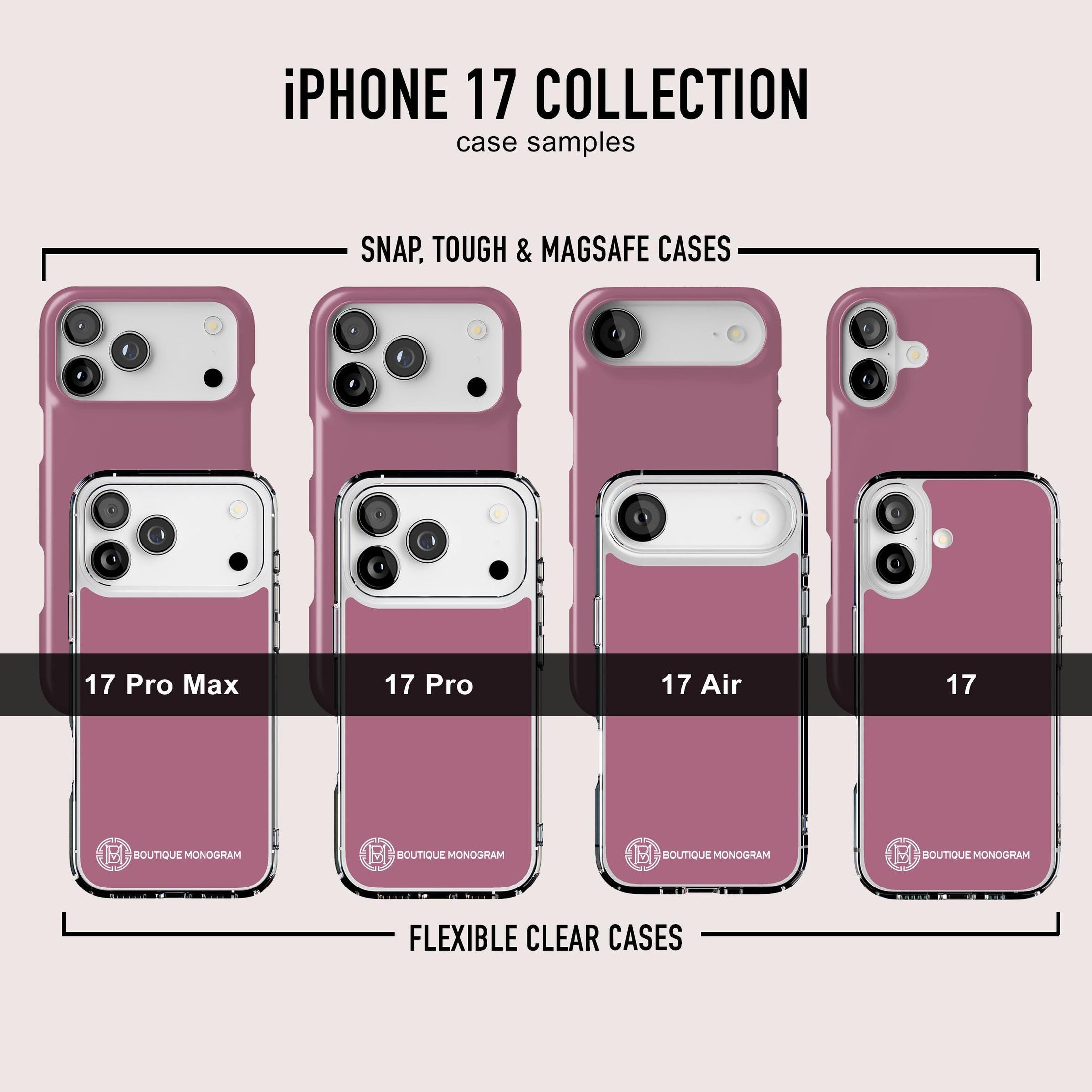 a collection of iPhone cases in various colors, including pink and white, with the text indicating the case types and sizes available.