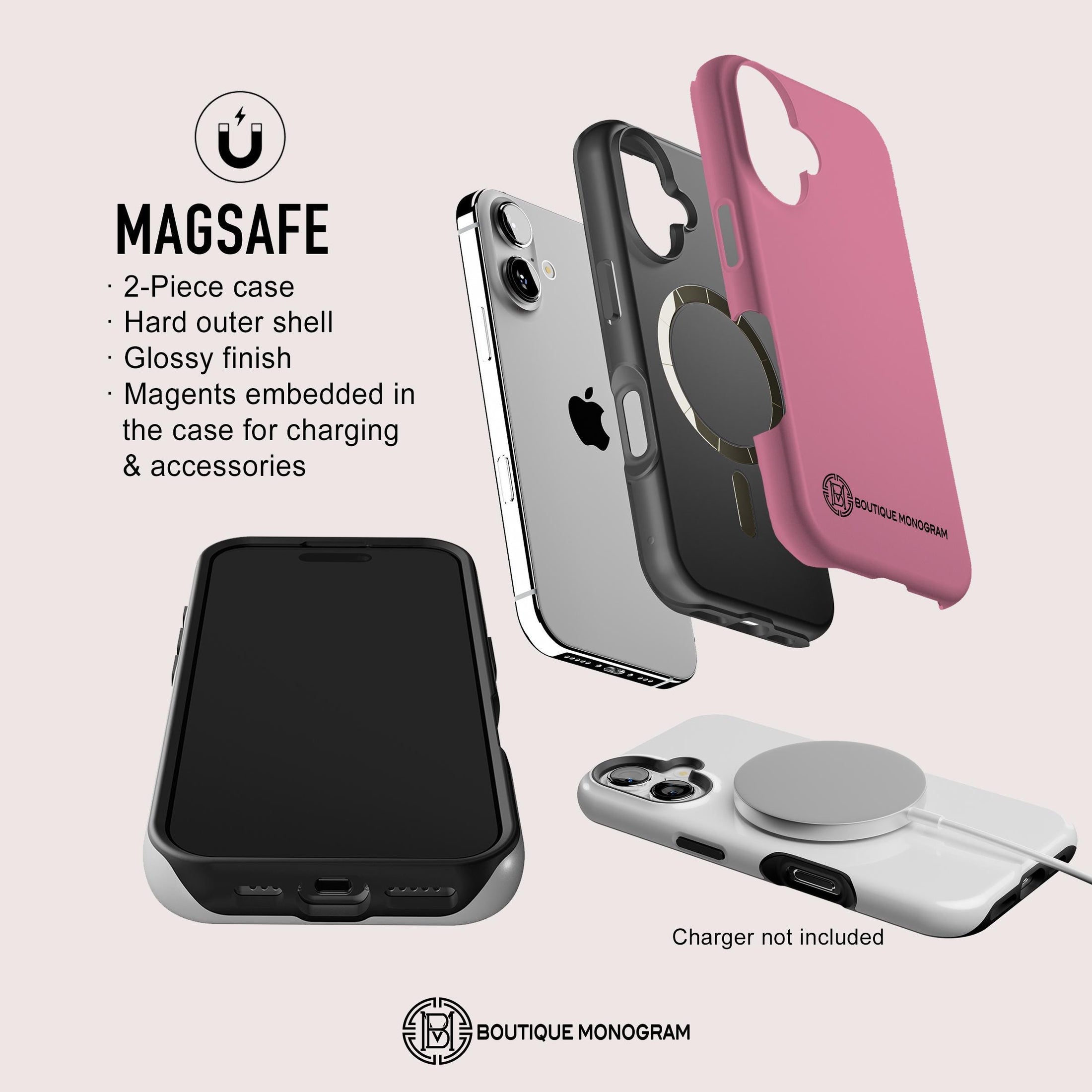 The image is a collage of various smartphone cases and accessories, including a magsafe case and a charger, with a focus on the magsafe case.