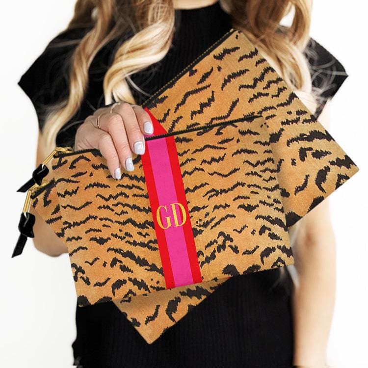 Custom Accessory Zip Bag, Pouch, Clutch, Makeup, Travel, Tech,Monogram, Personalized, Letter, Initial, Tiger, Stripe, Red, Pink