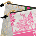 Load image into Gallery viewer, a zippered bag with a pink and white floral design, including a temple or pagoda.
