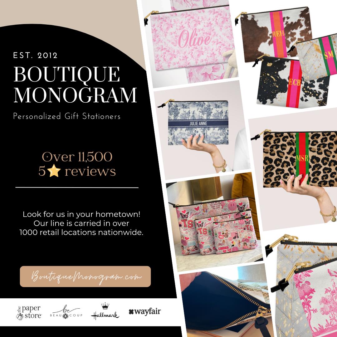 The image is an advertisement for a boutique monogram gift station, featuring various monogrammed bags and purses in different colors and patterns.