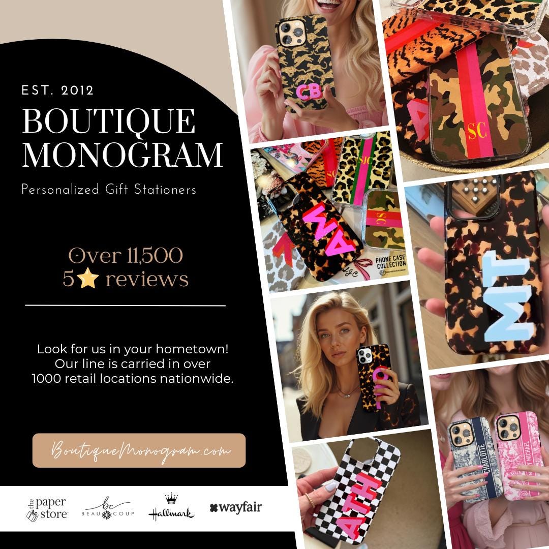 The image is an advertisement for a boutique monogram gift station, featuring various monogrammed phone cases and accessories.