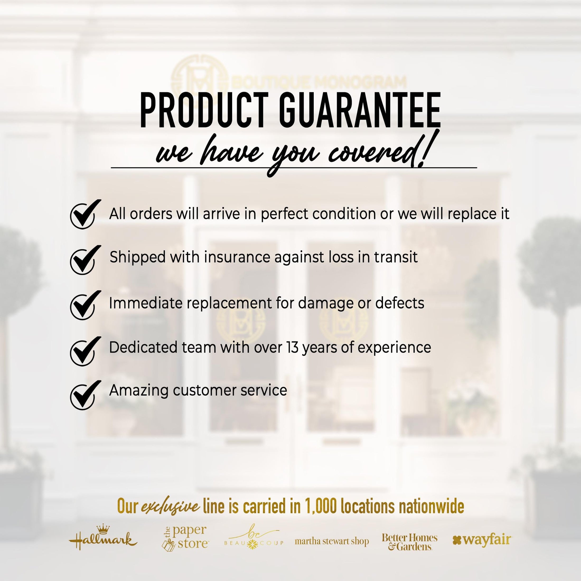 The image is a product guarantee advertisement featuring a list of benefits and services offered by the company.