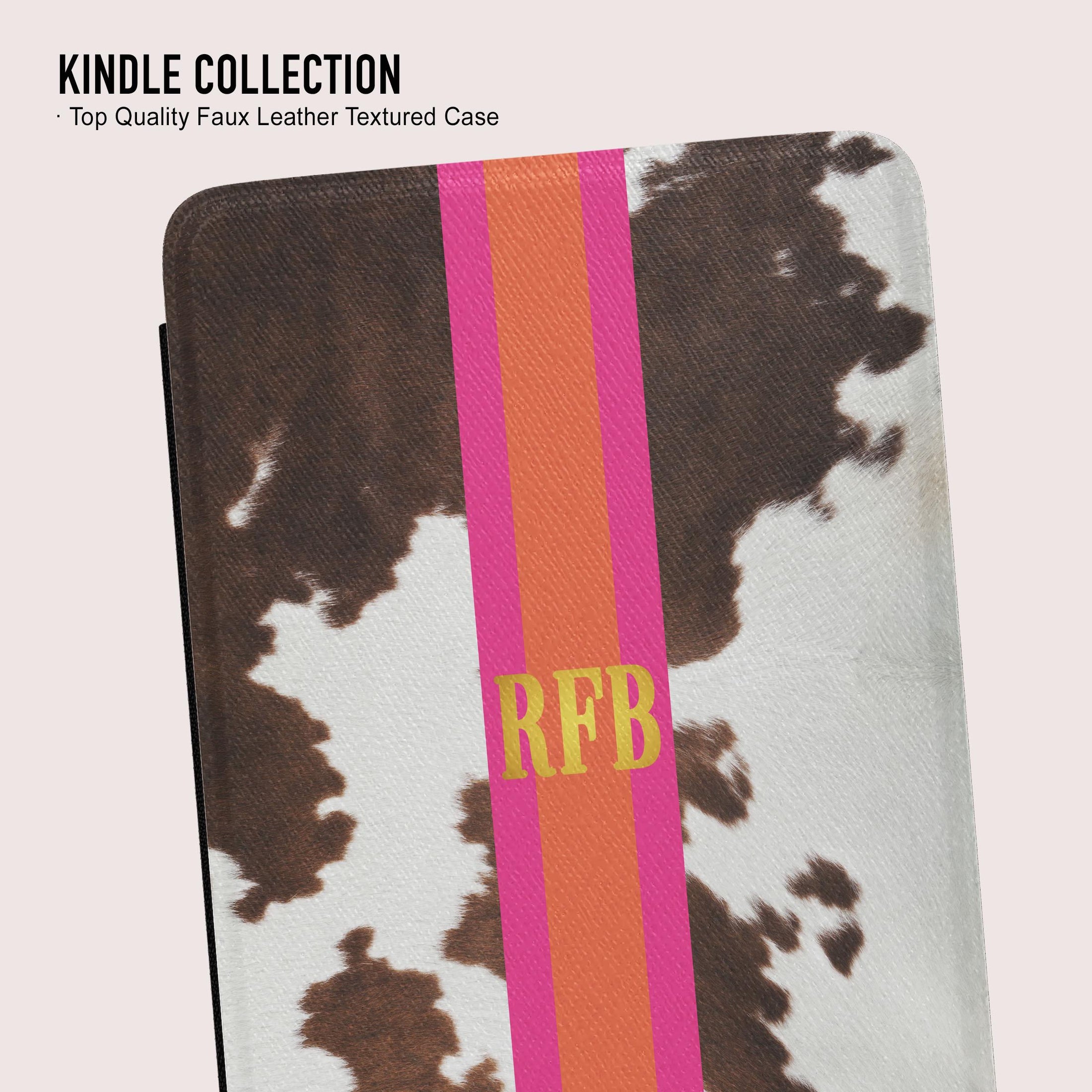 Personalized Kindle Case, Paperwhite 7”, Colorsoft Signature 2024, Custom Cover, Monogram, Handle, Initials, Printed Cowhide, Brown, Stripes