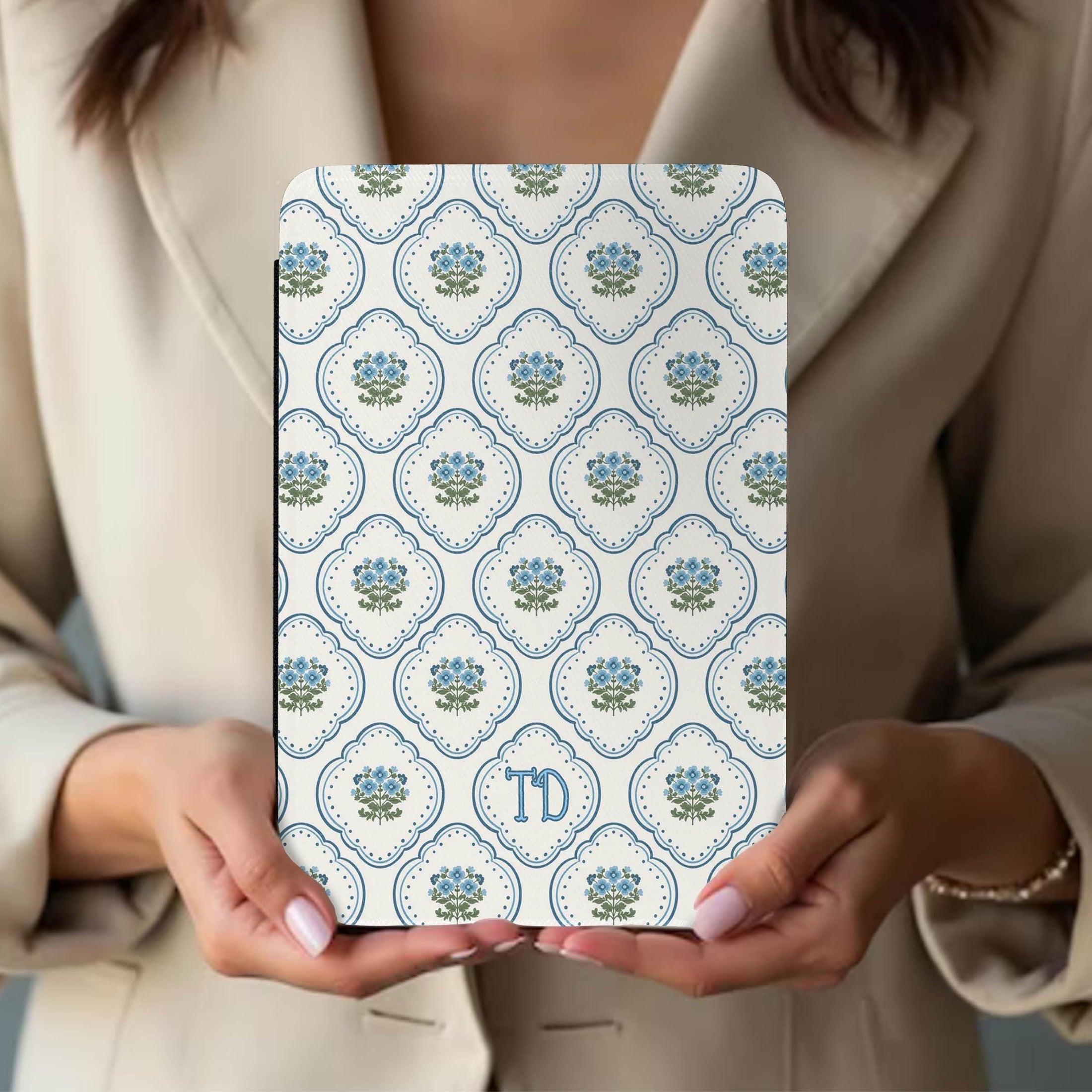 Personalized Kindle Case, Paperwhite 7”,Colorsoft Signature 2024, Custom Cover, Handle, Initials, Preppy, Blue, Grandma Coastal