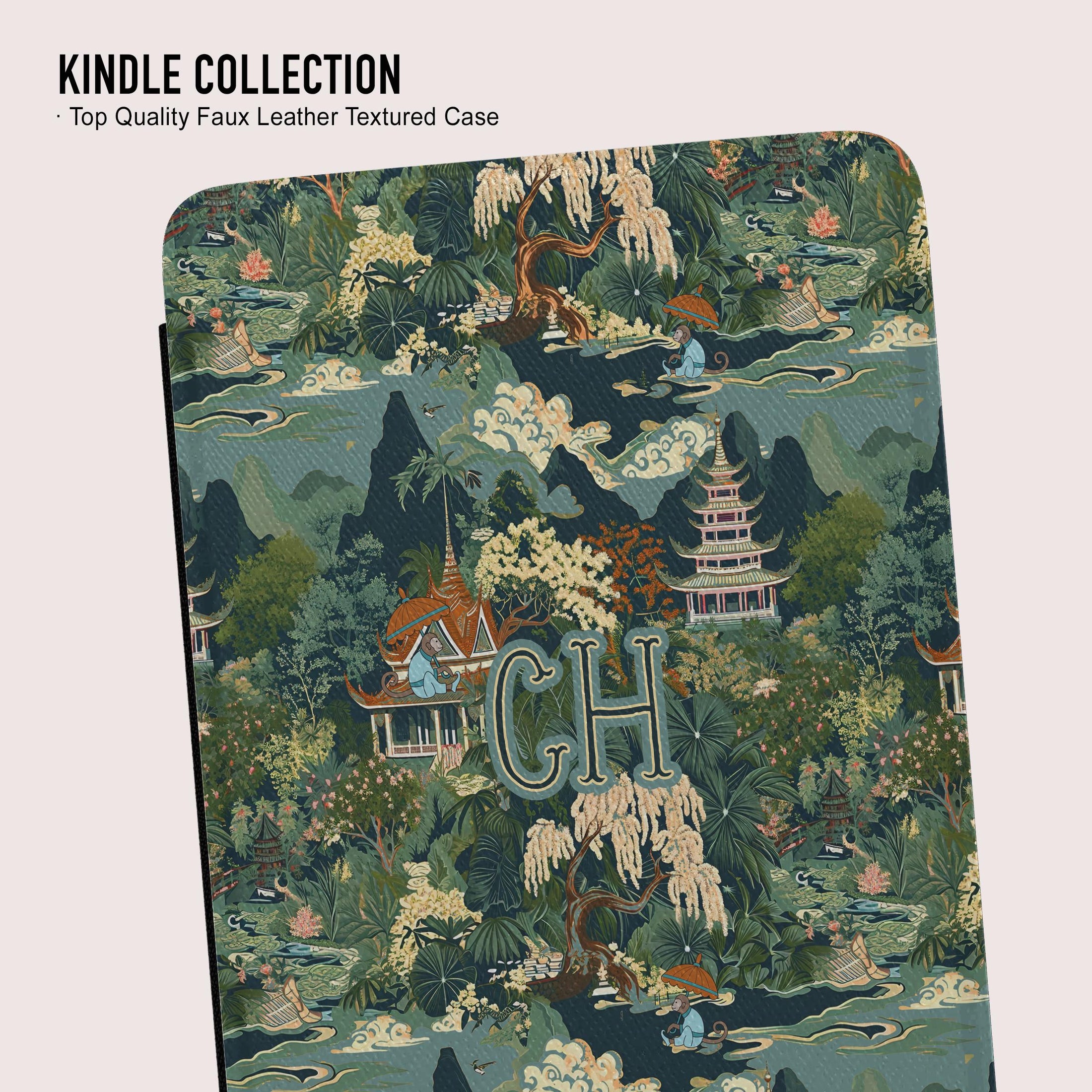 Personalized Kindle Case, Paperwhite 7”, Colorsoft Signature 2024, Custom Cover, Monogram, Handle, Initials, Chinoiserie, Pink, Green, Blue
