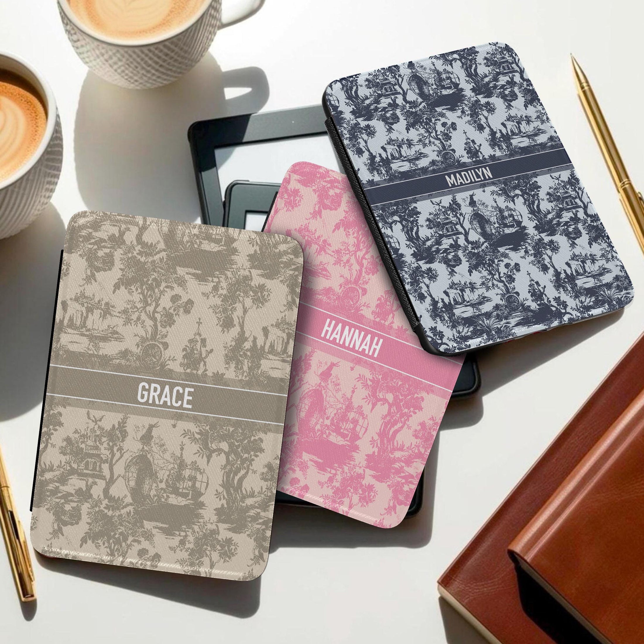 Personalized Kindle Case, Paperwhite 7”, Colorsoft Signature 2024, Custom Cover, Monogram, Handle, Initials, Preppy Toile, Pink, Tan, Blue