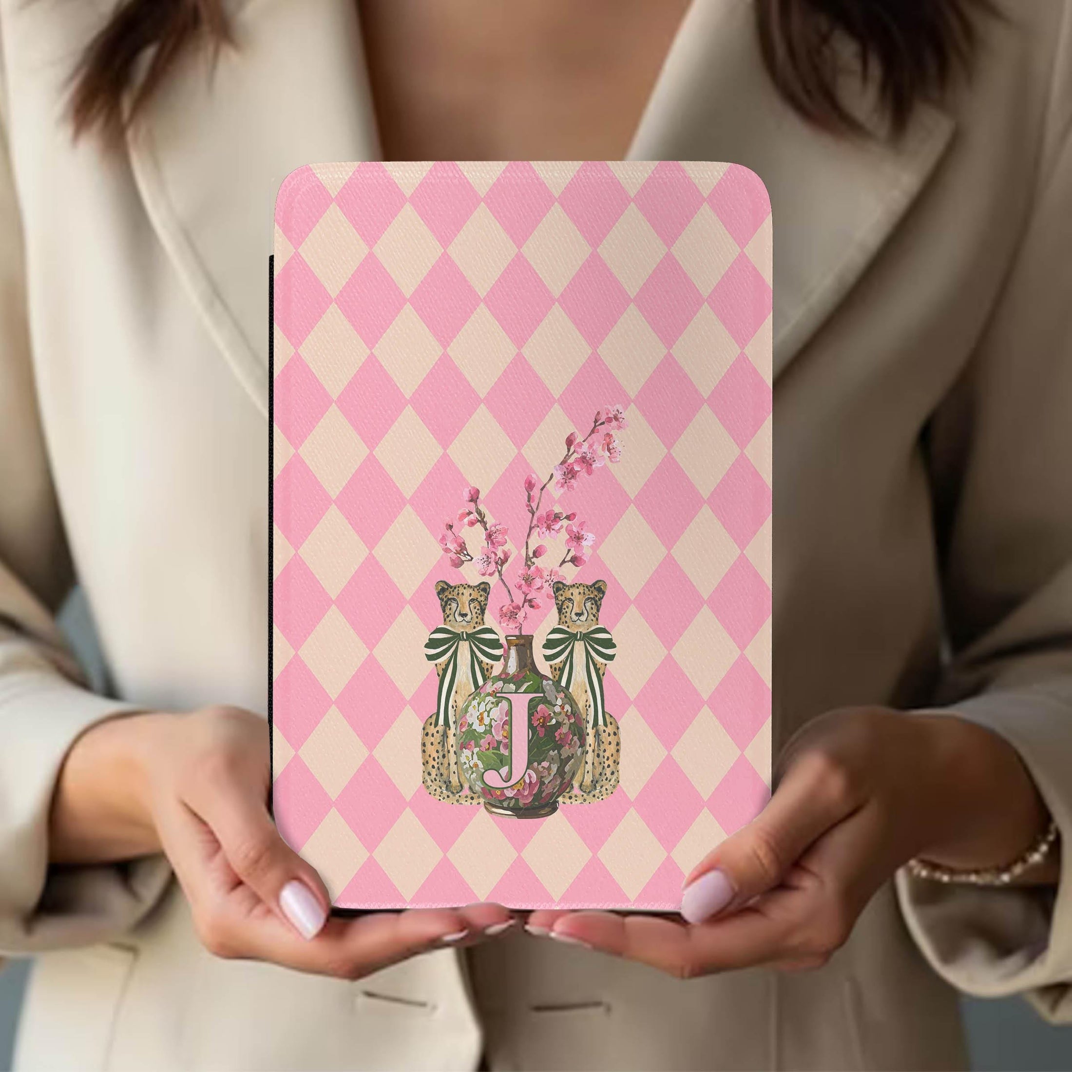 Personalized Kindle Case, Paperwhite 7”,Colorsoft Signature 2024, Custom Cover, Handle, Initial, Leopards, Cherry Blossom, Pink, Cream
