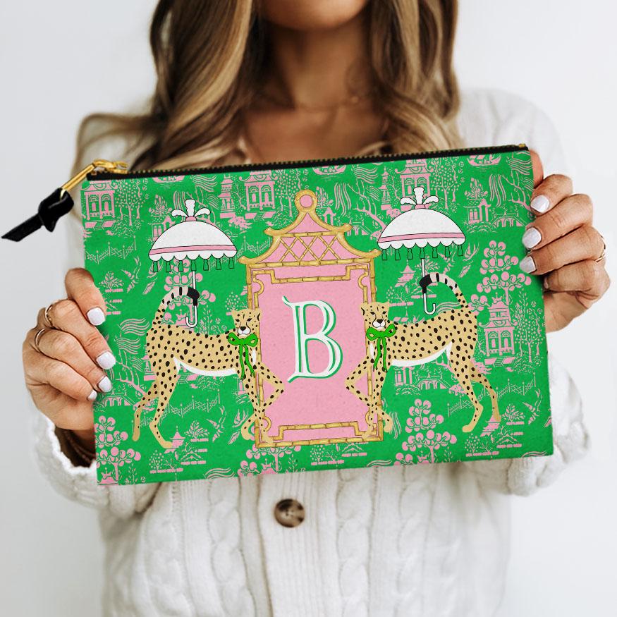 Custom Zip Bag, Makeup Bag, Travel Pouch, Tech, Monogram, Personalized, Letter, Initial, Chinoiserie Leopard Umbrellas