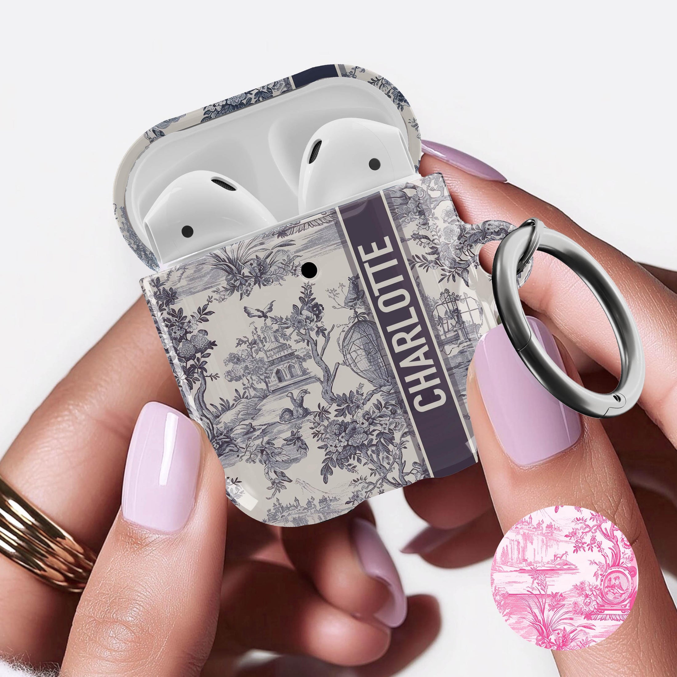 Personalized AirPods Case, AirPods Pro, Gen 1, 2,Custom Cover, Monogram, Large Initials, Top Seller, Blue Pink Designer Toile, Antique