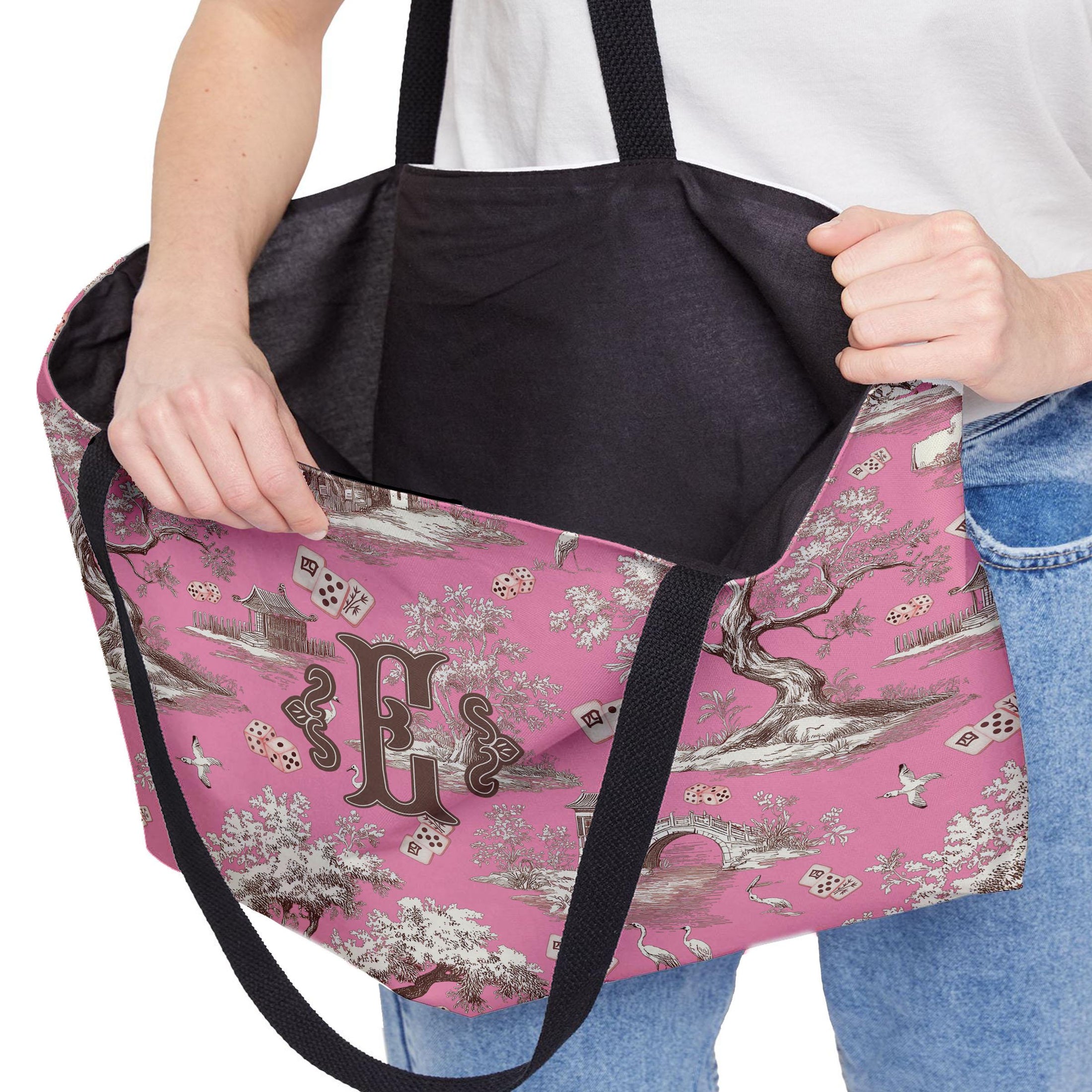 Custom Mahjong Tote Bag, Large Travel Bag, Monogram, Personalized, Letter, Initial, Dice, Toile, Chinoiserie, Mahjong Gift