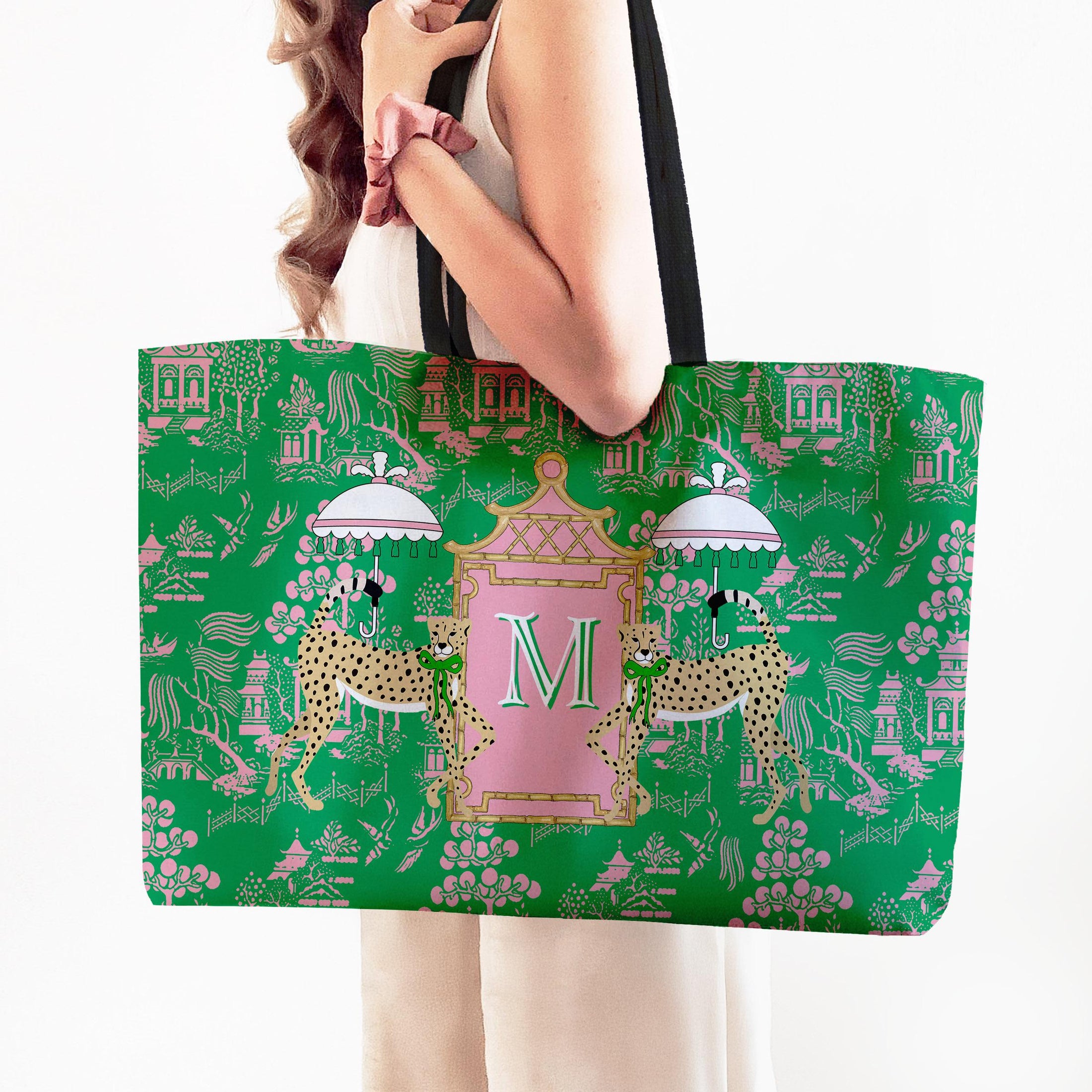 Custom Mahjong Tote Bag, Large Travel Bag, Monogram, Rope, Personalized, Letter, Initial, Dice, Toile, Chinoiserie, Leopards, Mahjong Gift