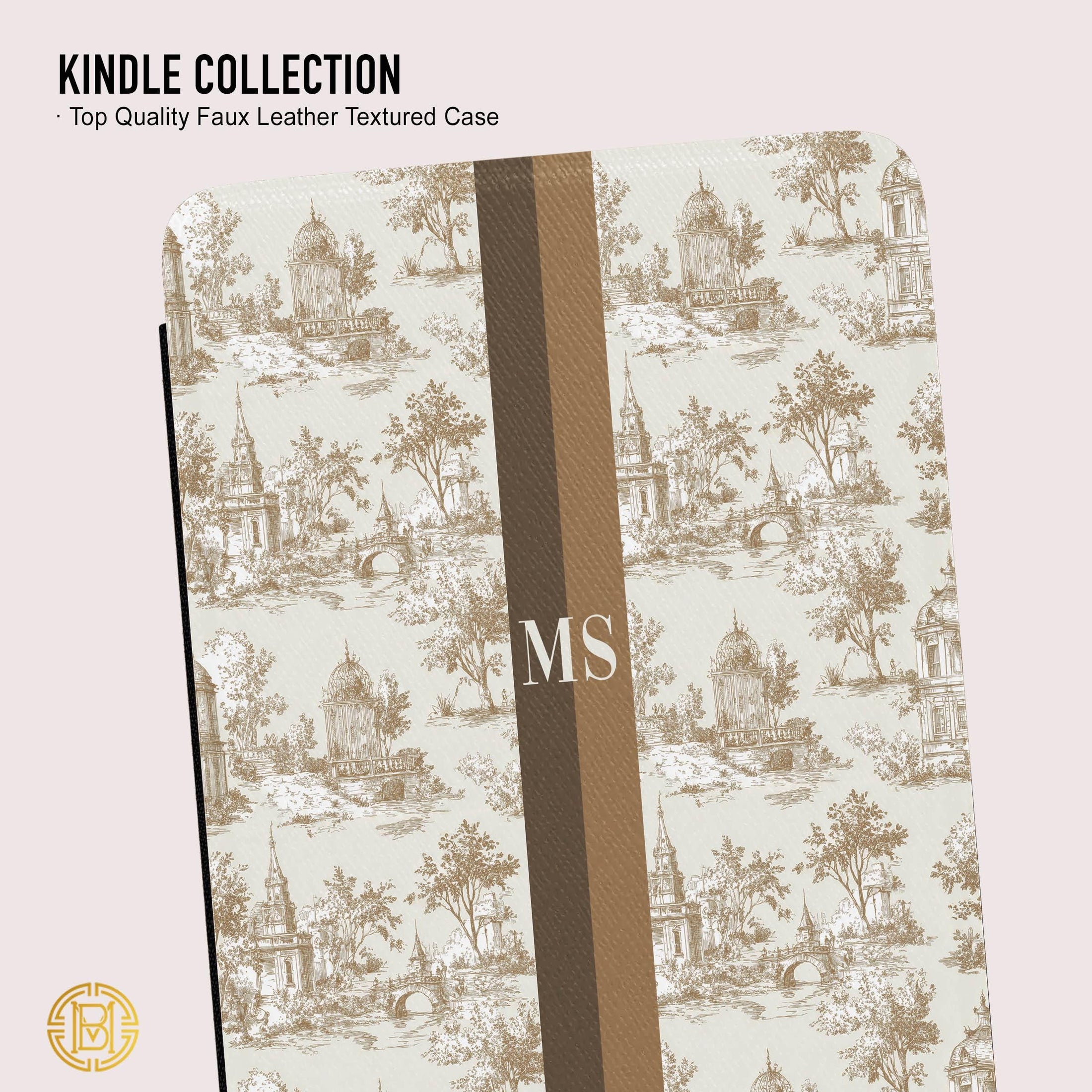 Personalized Toile Kindle Case, Paperwhite 7”,Colorsoft Signature 2024, Custom Cover, Handle, Initials, Preppy Antique Vintage, Tan Brown