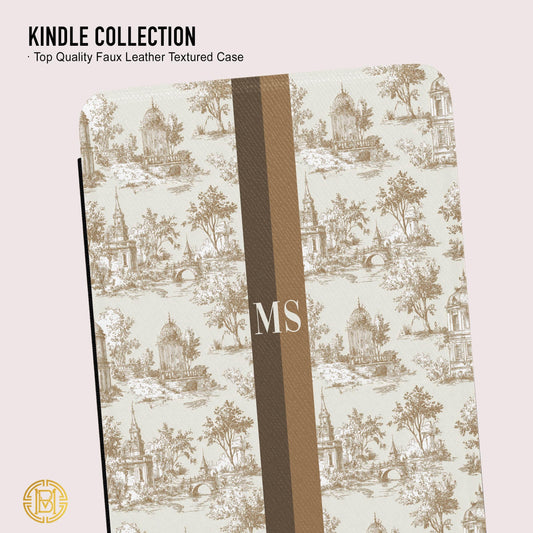 Personalized Toile Kindle Case, Paperwhite 7”,Colorsoft Signature 2024, Custom Cover, Handle, Initials, Preppy Antique Vintage, Tan Brown