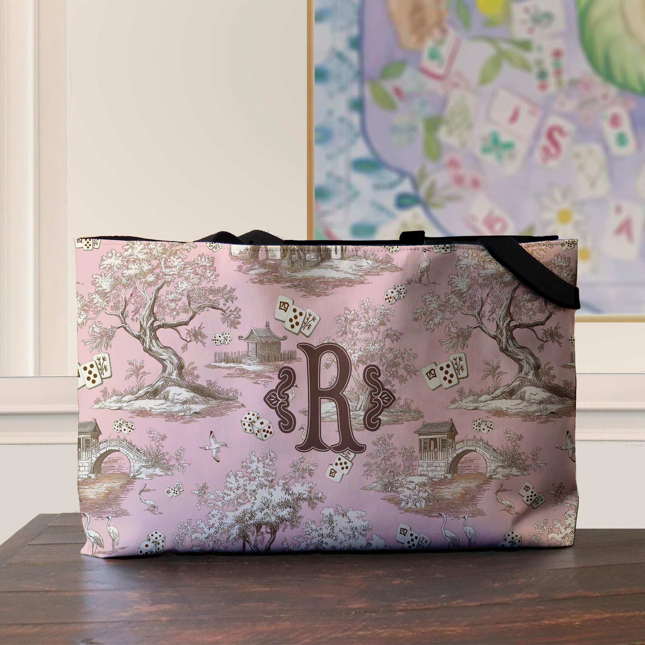 Custom Mahjong Tote Bag, Large Travel Bag, Monogram, Personalized, Letter, Initial, Dice, Toile, Chinoiserie, Mahjong Gift