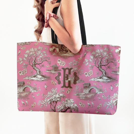 Custom Mahjong Tote Bag, Large Travel Bag, Monogram, Personalized, Letter, Initial, Dice, Toile, Chinoiserie, Mahjong Gift