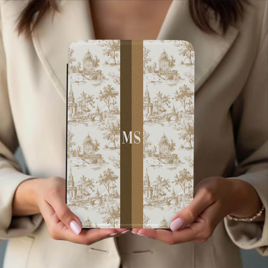 Personalized Toile Kindle Case, Paperwhite 7”,Colorsoft Signature 2024, Custom Cover, Handle, Initials, Preppy Antique Vintage, Tan Brown