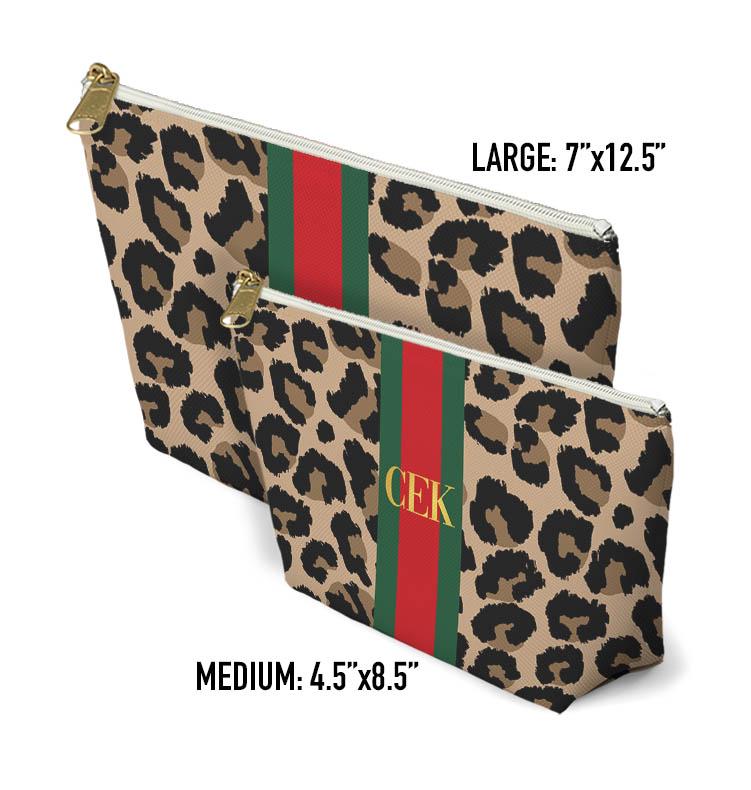 Custom Zip Bags, Pouch, Travel, Tech, Monogram, Personalized, Letter, Initial, Makeup, Cords, Accessory, Leopard, Cheetah, Stripe, Red,Green