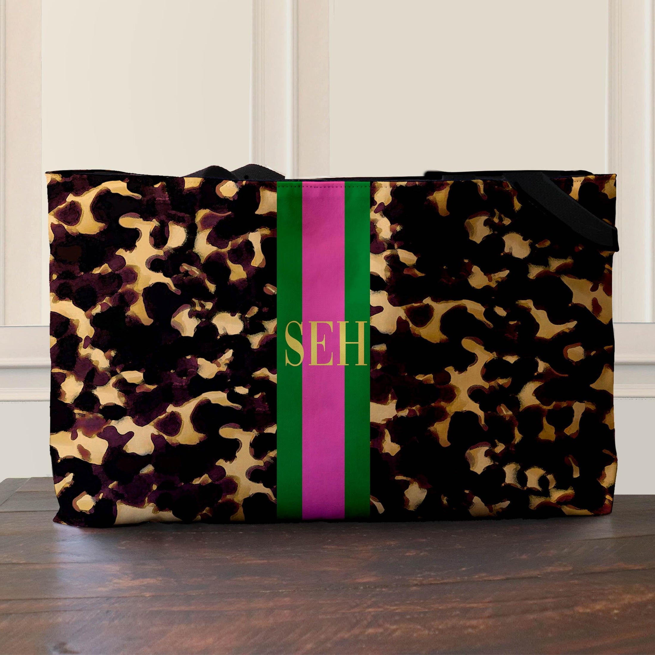 Custom Tote Bag, Large Travel Bag, Overnight, Monogram, Personalized, Letter, Initial, Tortoise Shell, Stripe, Red, Green, Pink, Blue
