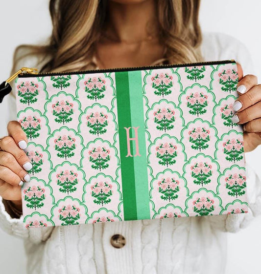 Custom Zip Bag, Makeup Bag, Travel Pouch, Tech, Monogram, Personalized, Letter,Initial, Preppy, Grand Millennial, Dainty Flowers, Pink Green