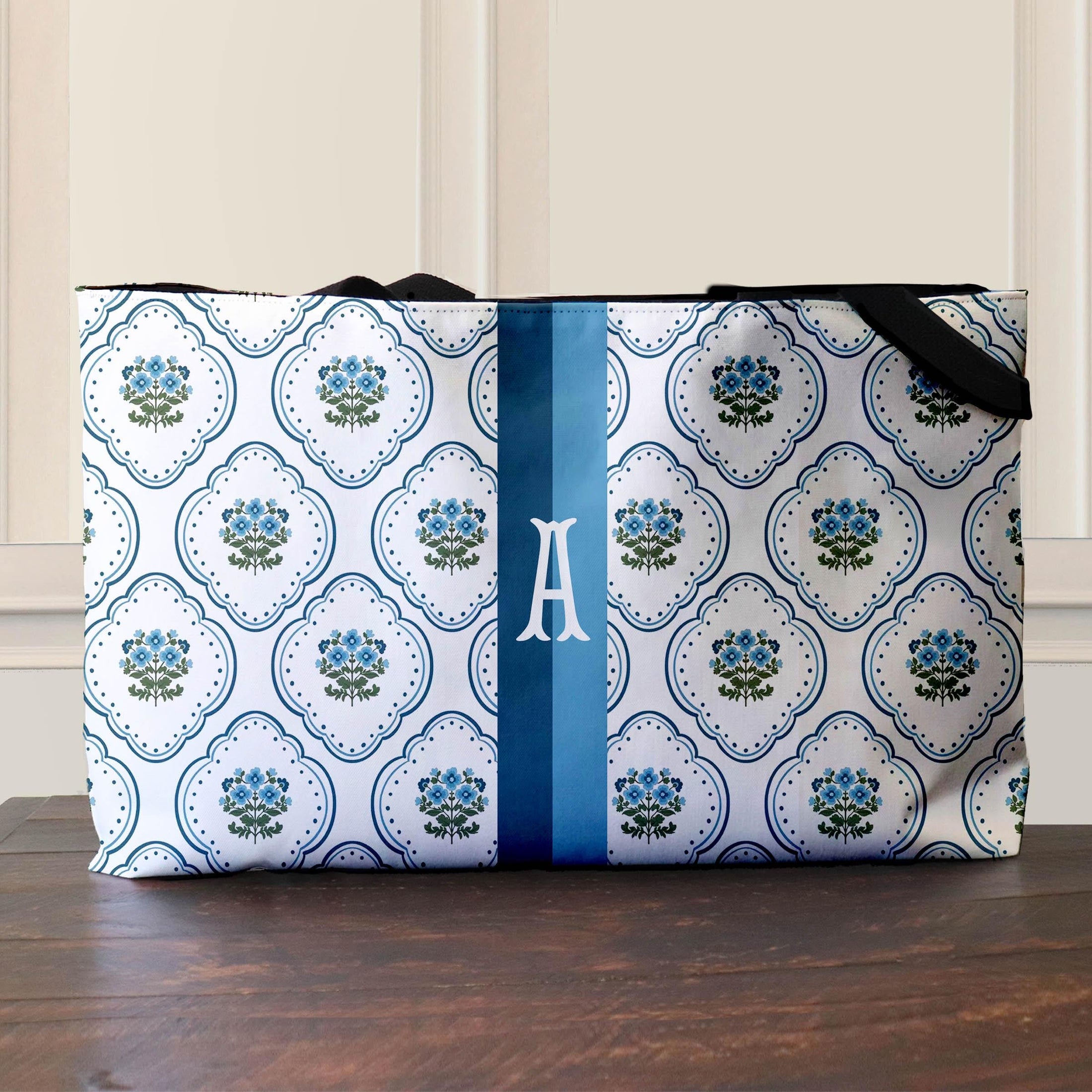 Custom Tote Bag, Large Travel Bag, Overnight, Monogram, Personalized, Letter, Initial, Preppy, Grand Millennial,Blue Green Flowers, Stripe