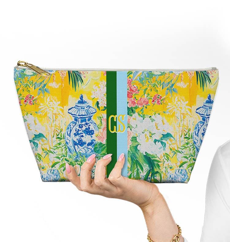 Custom Zip Bags, Pouch, Travel, Tech, Monogram, Personalized, Letter, Initial, Makeup, Accessory, Chinoiserie, Ginger Jar, Japenese Yellow