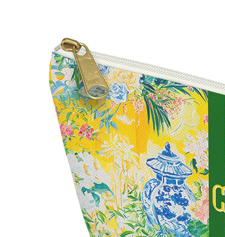 Custom Zip Bags, Pouch, Travel, Tech, Monogram, Personalized, Letter, Initial, Makeup, Accessory, Chinoiserie, Ginger Jar, Japenese Yellow