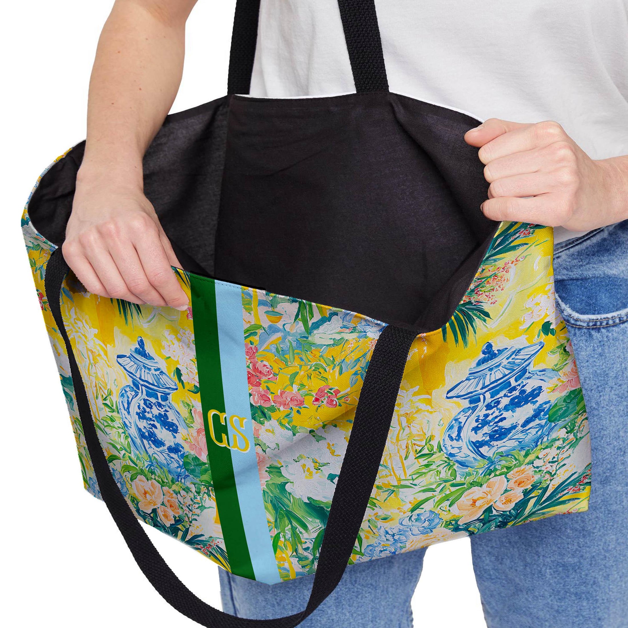 Custom Tote Bag, Large Travel Bag, Overnight, Monogram, Personalized, Letter, Initial, Preppy, Chinoiserie, Ginger Jar, Japenese Blue Green